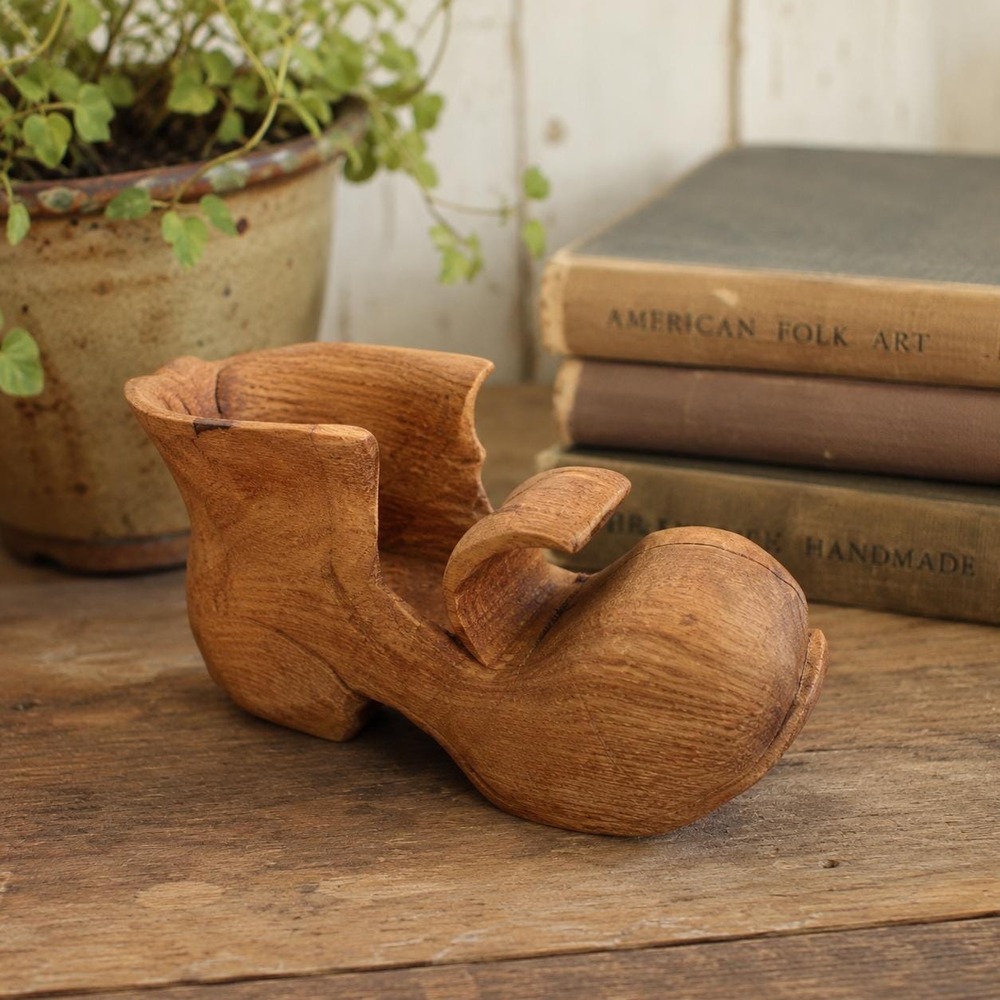 Hand Carved Wooden Boot Folk Art Shoe Rustic Wood Carving Handmade Primitive